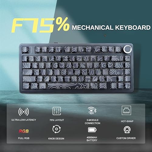 Image of AULA F75 75% Side Engraved Tri Mode TKL 80 Keys Wireless Mechanical Gaming Keyboard With Knob | 4000mAh Battery, South-Facing RGB Backlit Pre-Lubed Hot Swappable | Black Contour - Star Vector Switches