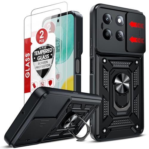 LeYi for Honor X6c Phone Case with Camera Cover Slider and 2 Tempered Glass Screen Protectors Ring Stand Holder Rugged Protective Tough Armor Cover for Honour X6c 4G Black