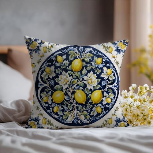 Image of Italian Amalfi Coast Lemon Pillow Cover 18x18 Double-Sided, Blue and White Mediterranean Citrus Fruit Decorative Throw Pillow Cover for Home Living Room Bedroom