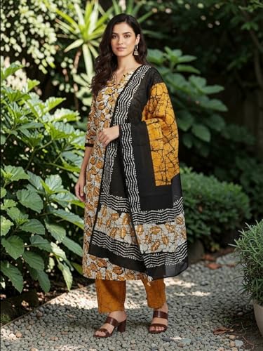 Image of Eddika women unstitched hand block printed cotton suit set with mulmul dupatta ehbpcswmd0120P