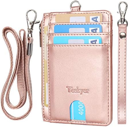 Teskyer PU Leather Badge Holder with Zipper Pocket, ID Card Holder with Nylon Lanyard, 1 Clear ID Window and 3 Card Slots with Secure Cover for Office School ID, Credit Cards, Driver Licence