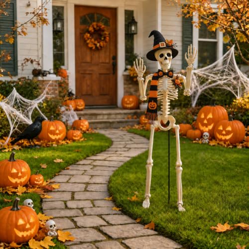 36" Halloween Skeleton with Metal Stand, Poseable Full Body Skeleton Decoration for Outdoor Yard, Garden, Porch, Indoor Haunted House, Movable Joints Human Bones Halloween Party Decor (1 Pack ) - image 3