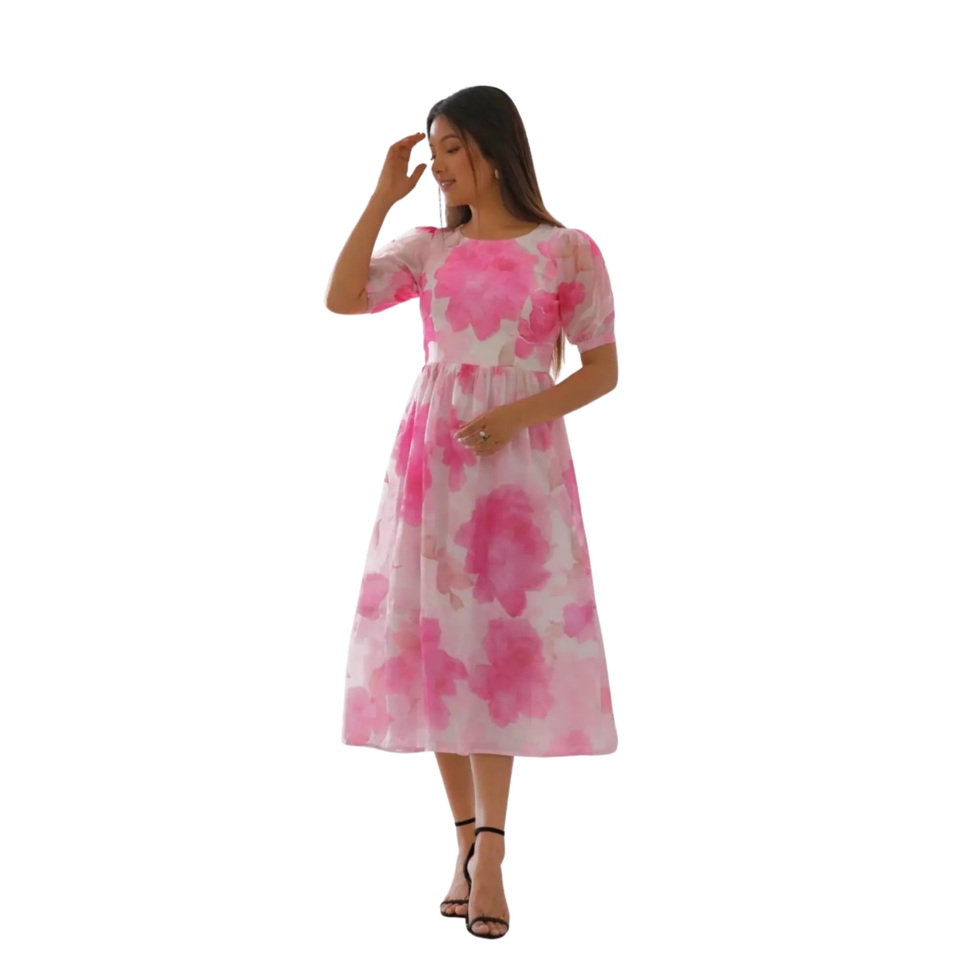White & Pink Floral Printed Fit & Flare Midi Dress-image-26