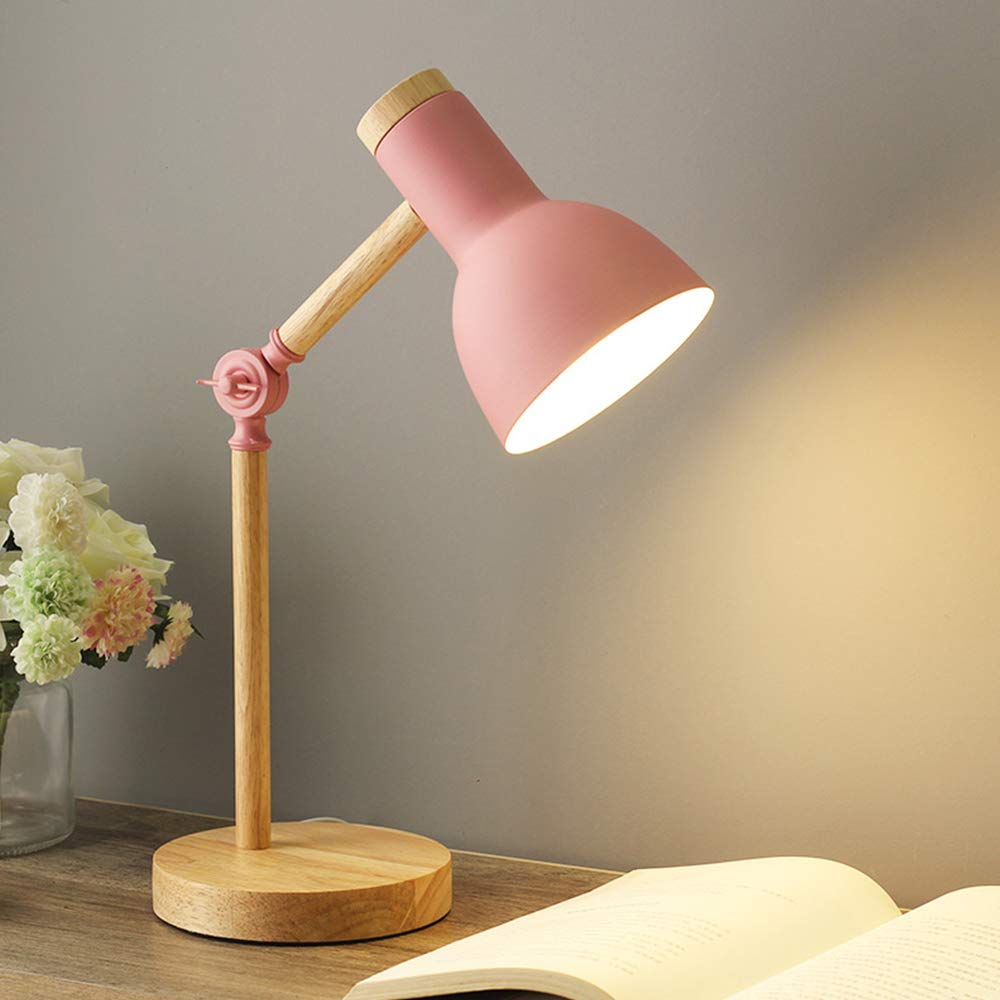 ChaoZan Lámparas de escritorio Lámpara de lectura LED en diseño clásico de madera, con brazos de madera giratorios,E27 estudio lámpara de trabajo,Cuarto,sala, lámpara de noche, rosa