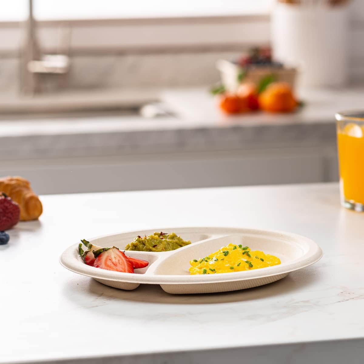 GUSTO [9 Inch 3 Compartment Compostable Paper Plates - 125 Pack Heavy-Duty Kraft Divided Disposable Biodegradable Plates - Brown Unbleached (Formerly Comfy Package)