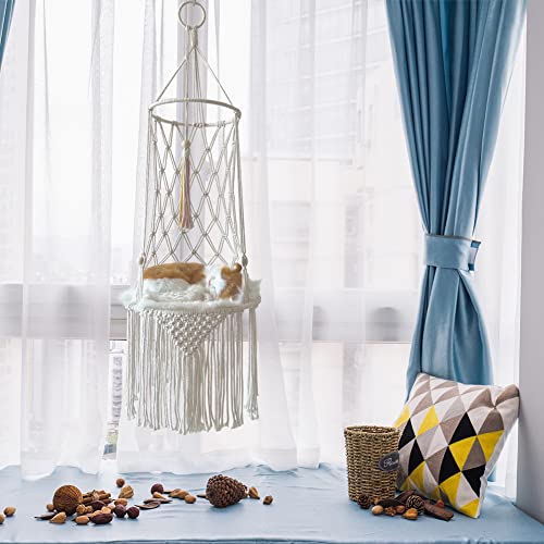 Macrame Cat Hammock Cat Bed Hanging Boho Cat Swing Bed Fringed Cat Basket With Plush Blanket Hanging Kit #TOP5