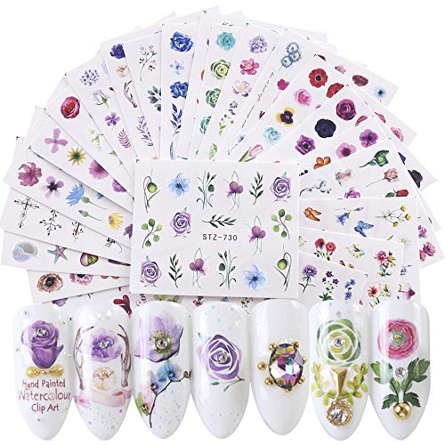 Nail Art Stickers 24 Sheets Nail Polish Stickers Flowers Design Nail Water Transfer Decals Nail DIY Decorations French Manicure Tips Accessories