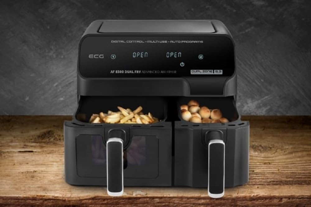ECG AF 8300 Dual Fry Air Fryer cooking two different foods