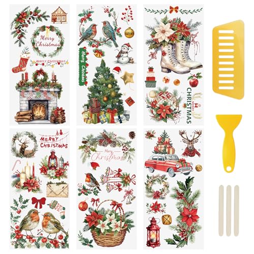 WANDIC 6 hojas de calcomanías de transferencia de Navidad, calcomanías de transferencia de Feliz Navidad para álbumes de recortes, álbumes de fotos, muebles, 10 x 30 cm