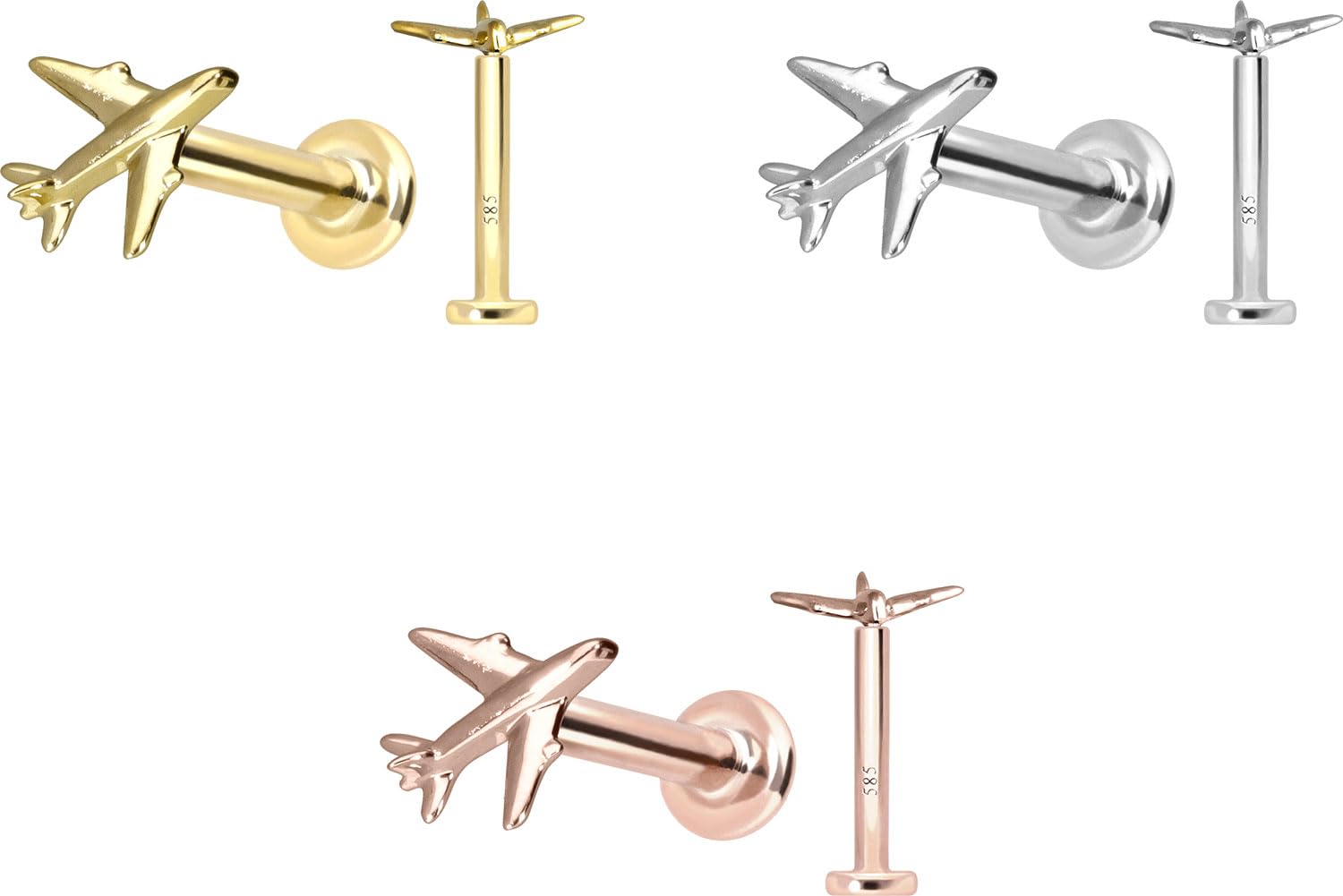 PIERCINGLINE Piercing Stecker 14 Gold Labret mit Push Fit FLUGZEUG 585er Gold - Roségoldfarben, Goldfarben, Silberfarben