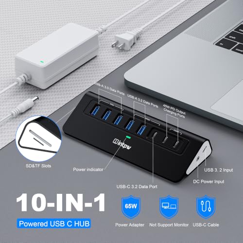 Image of Powered USB Hub 10Gbps, Intpw YH6AC Plus 10 Port USB 3.2 Hub(USB A /USB C 3.2+3 USB-A 3.0+2 PD 45W Fast Charging Port+SD /TF Card Reader), 65W Power Adapter,Aluminum USB HUB for PC,Laptop,iPhone 17 /16