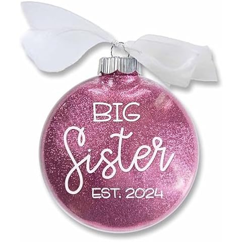 Big Sister Christmas Ornament, Dated Keepsake for New Sibling, Handmade Pink Glitter Bauble with White Organza Ribbon Bow (2024) Cover