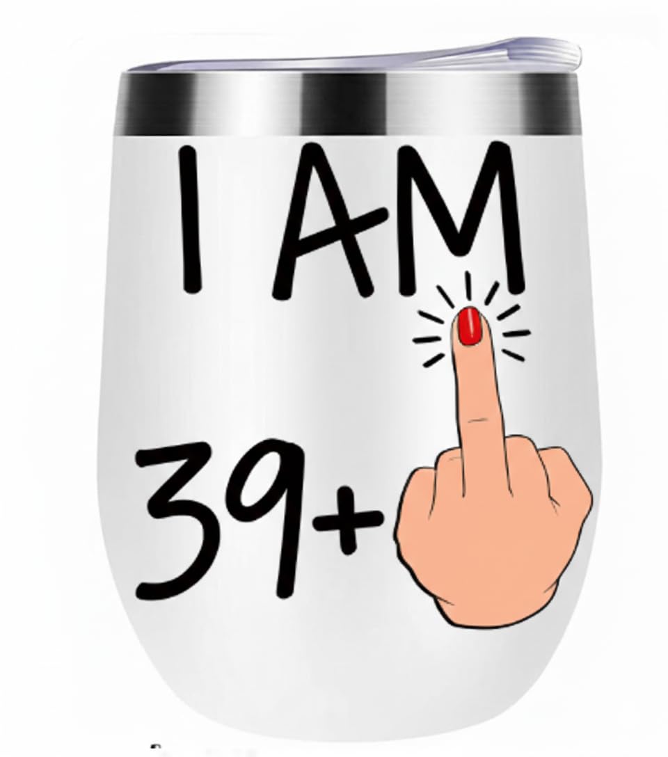 Posoto 40th Birthday Gifts for Women, 12oz Insulated Stainless Steel Wine Tumbler, Unique 40th Birthday Presents for Her Friends, Funny 40 Year Old Birthday Gift Ideas（39+1 Design）