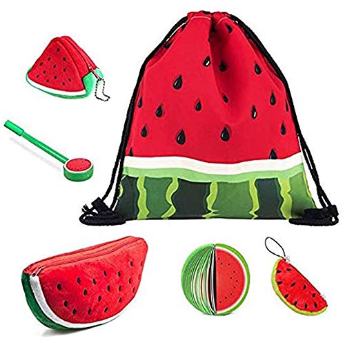 Bolsa con cierre de cordón diseño sandía, bonito estuche grande tejido peluche, monedero 3D, llavero colgantes decorativos, bloc notas frutas bolígrafo, para estudiantes niño y niña (juego 6 piezas)