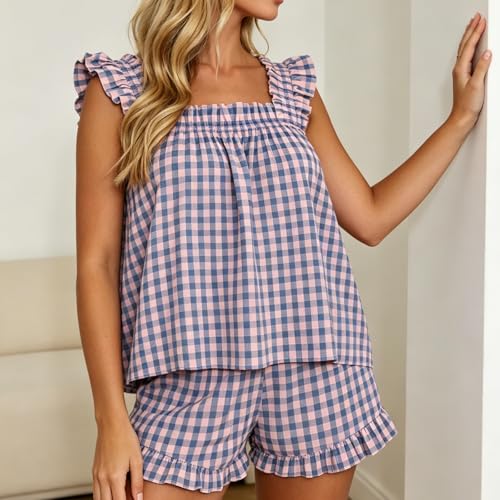 Image of SOOKABEILA Women 2 Piece Lounge Set Sleeveless Striped Cami Peplum Top Boxer Shorts Loose Ruffle Matching Pj Sets Outfits