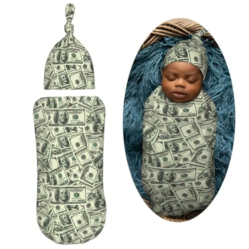 Image of Us Dollar Money Newborn Swaddle Blankets Hat Sets Soft Baby Receiving Blanket Swaddle Sack for Baby Shower Infant Boy Girl Gift