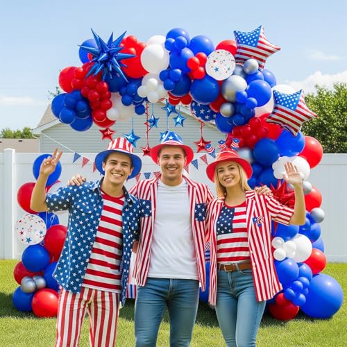 Image of Patriotic balloons Red White and Blue balloon garland arch kit with star print and flag star mylar balloon Tissue Paper Tassels Banner for 4th of july independent day Veteran Day party decorations