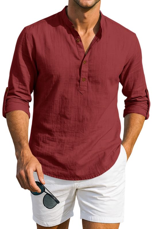 Image of Macsivo Men's Cotton Blend Solid Short Kurta with Mandarin Collared Full Sleeve Drawstring Stylish Straight Length | Kurta for Men Stylish