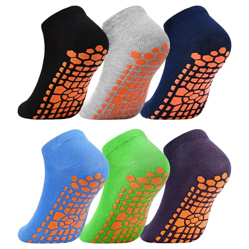 ELUTONG Trampoline Socks for Kids with Grips Non Slip 6 Pairs Bounce House Grip Socks for Kid Boys Girls (2-13 Years)