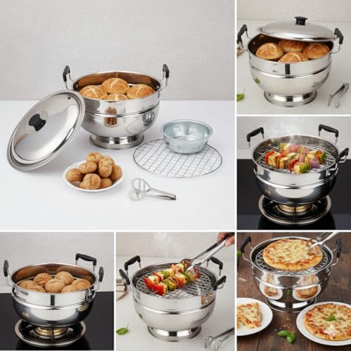 Image of Stainless Steel Bati Cooker & Gas Tandoor | with Multipurpose SS Tong | Multi-Purpose Gas Oven, Dual Riveted Handles | Roasting, Baking, Barbeque Grill | Bati, Pizza, Litti, Paneer Grill Maker