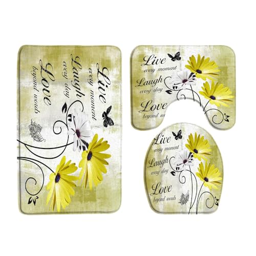 VPUPCN 3 Pcs Farmhouse Floral Bath Rugs Set,Rustic Yellow Daisy Flower Inspirational Quotes Butterfly Turquoise Blue Kitchen Rug with 17.8