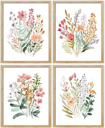 SIGNWIN Framed Colorful Wildflower Forest Bouquet Wall Art, Set of 4 Nature Wilderness Wall Decor Prints, Botanical Floral Wall Décor for Living Room, Bedroom - 8"x10" Natural