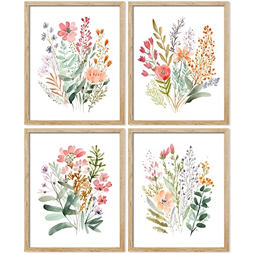 Image of SIGNWIN Framed Colorful Wildflower Forest Bouquet Wall Art, Set of 4 Nature Wilderness Wall Decor Prints, Botanical Floral Wall Décor for Living Room, Bedroom - 11"x14" Natural