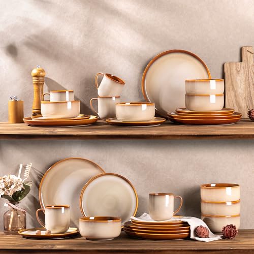 Image of LERATIO Ceramic Dinnerware Sets for 4,16-PieceReactive Glaze Plates and Bowls Set with Mugs,Highly Chip and Crack Resistant | Dishwasher,Microwave & Oven Safe Dishes set-Kahki