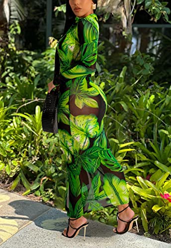 Image of Women's Sheer Mesh Long Sleeve Bodycon Midi Dress Club Night Out Dresses Beach Cover Up Dress