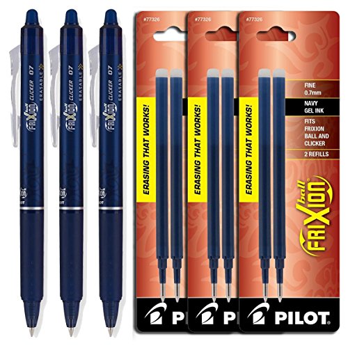Pilot FriXion Clicker Retractable Gel Ink Pens, Eraseable, Fine Point 0.7mm, Navy Blue Ink, Pack of 3 with Bundle Packs of Refills