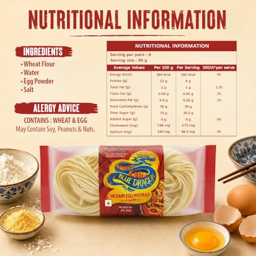 Image of Blue Dragon Medium Egg Noodles 300g (Pack of 2), Includes 6 Portioned Nests, Authentic Asian Stir Fry & Chow Mein Noodles, Imported from Thailand