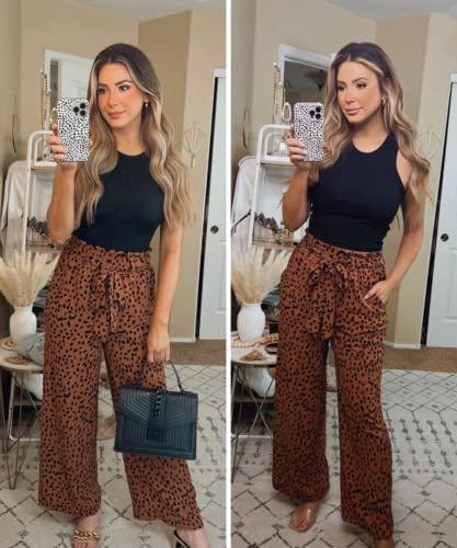SySea Womens High Waisted Leopard Print Palazzo Pants Belted Wide Leg Long Trousers with Pockets3