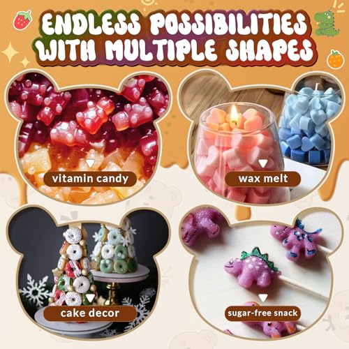Image of Gummy Bear Molds Silicone Mini Size, Non-stick Chocolate Candy Gummy Mould for Kid with 2 Droppers Including Dinosaur, Bear, Hearts and Donut Shape 201 Cavities