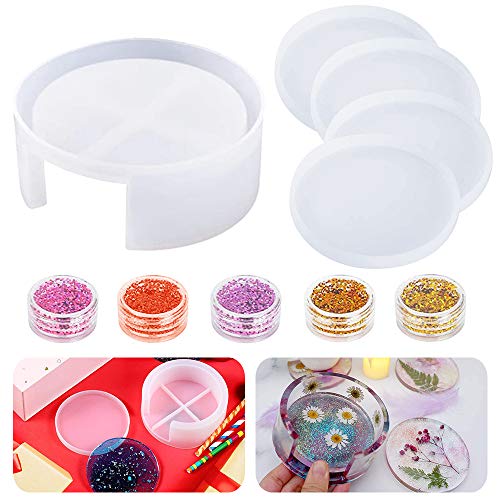 Coaster Molds for Resin Casting, 4 Pcs Resin Coaster Molds with Coaster Storage Box Mold, Round Silicone Coaster Molds for Resin, DIY Epoxy Coaster Mold, Home Decoration, Cups Mats