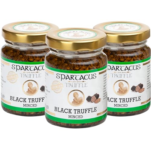 Trufas Negras Spartacus Conservadas en Aceite de Oliva Virgen Extra - Condimento Gourmet Perfecto para Pizza, Pasta, Ensaladas, Patatas, Carne y Huevos - Vegano y Sin Gluten (Trufas Picadas 270g)
