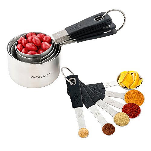 AVACRAFT Stainless Steel Measuring Cups and Spoons Set with Ergonomic Soft Grip Silicone Handle and Easy Pour Spout, Perfect for Dry and Liquid Ingredients, Set of 11, Black