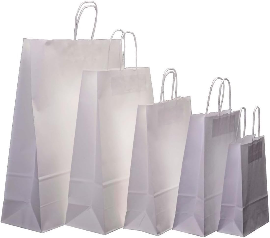 HOT BARGAINS White Paper Bags with Handles, Large 26 x 14 x 29 cm, Pack of 50