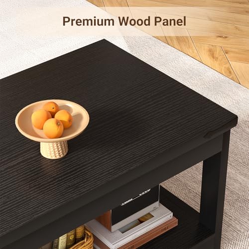 Image of Homieasy 43.3 inch Rectangular Coffee Table with Storage Shelf, Farmhouse Wood Center Table for Living Room, Modern Black Tea Table with Open Shelf, Black