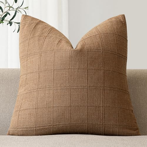 Image of Foindtower Set of 1 Decorative Linen Check Throw Pillow Cover Neutral Farmhouse Vintage Cushion Cover Modern Boho Home Decor for Sofa Chair Couch Bedroom Living Room,20x20 Inch,Brick