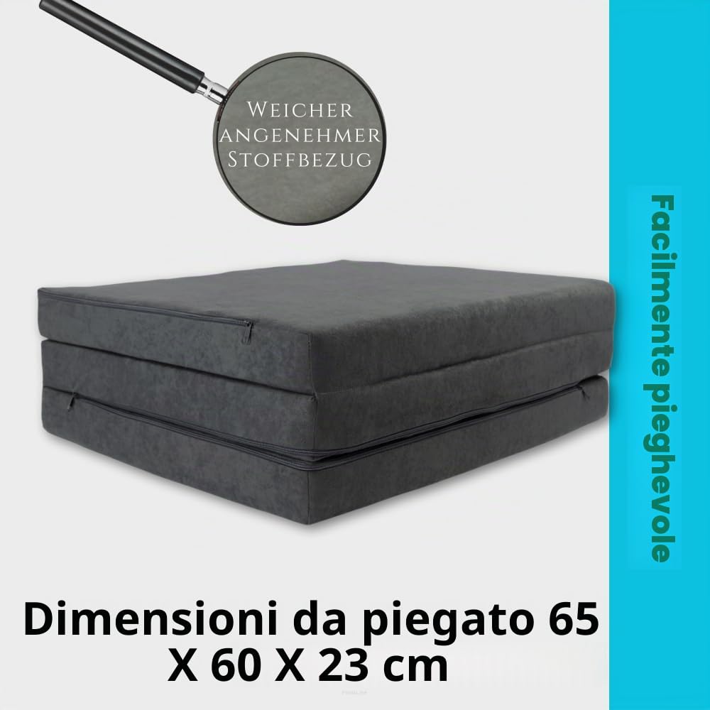 FORTISLINE - Materasso pieghevole 180 x 65 x 7 cm – 3 pezzi – Materasso per ospiti H2 – Pieghevole – Letto da campeggio – Lavabile – Pieghevole – Materasso da viaggio – Materasso in schiuma