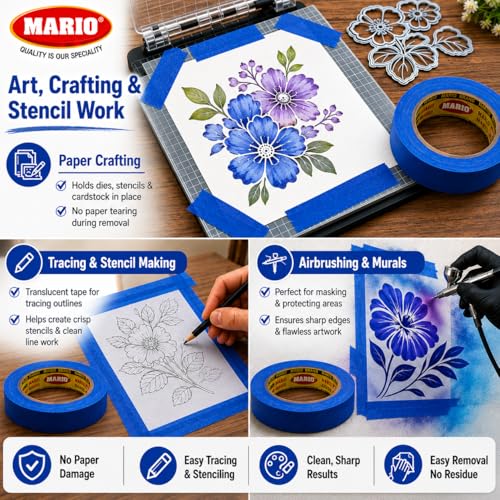 Image of Mario Blue Masking Tape - 20 Meter Length, 12mm Width - Adhesive Tape for Painting, DIY, Carpenter, Labelling & Art Craft - Clean Peel, No Residue - Pack of 6 Rolls