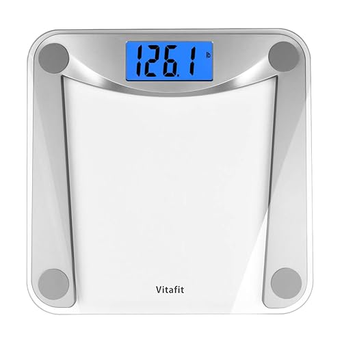 Vitafit Báscula digital de peso de baño para peso corporal, pantalla LCD retroiluminada azul extragrande y step-on, 11.8 x 11.8 pulgadas, 400 libras,