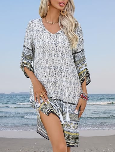 HOTOUCH Women Casual Beach Summer Dress Boho Tassel Tie Neck 3/4 Long Sleeve Short Floral Print Flowy Cover Up Sundresses2