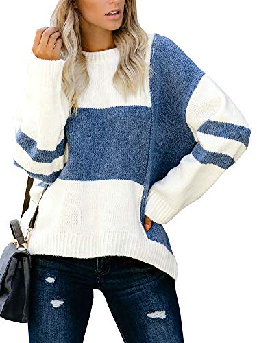Ybenlow Womens Oversized Colorblock Sweaters Batwing Sleeve Striped Chunky Loose Pullover Knit Jumper Tops Blue