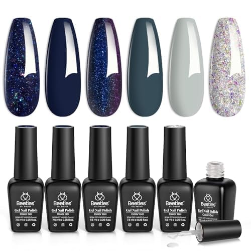 Beetles Blue Gel Polish Set - Glitter Dark Navy Blue Sliver Gel Nail Polish, 6 Colors Soak off Nail Uv Lamp Manicure Gift for Women