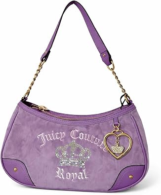 Juicy Couture Juicy Kingdom Shoulder Bag with Chain Strap, Crown Embroidered Designer Purse, Suede Style Handbag, Lavender 12x6x3.5in