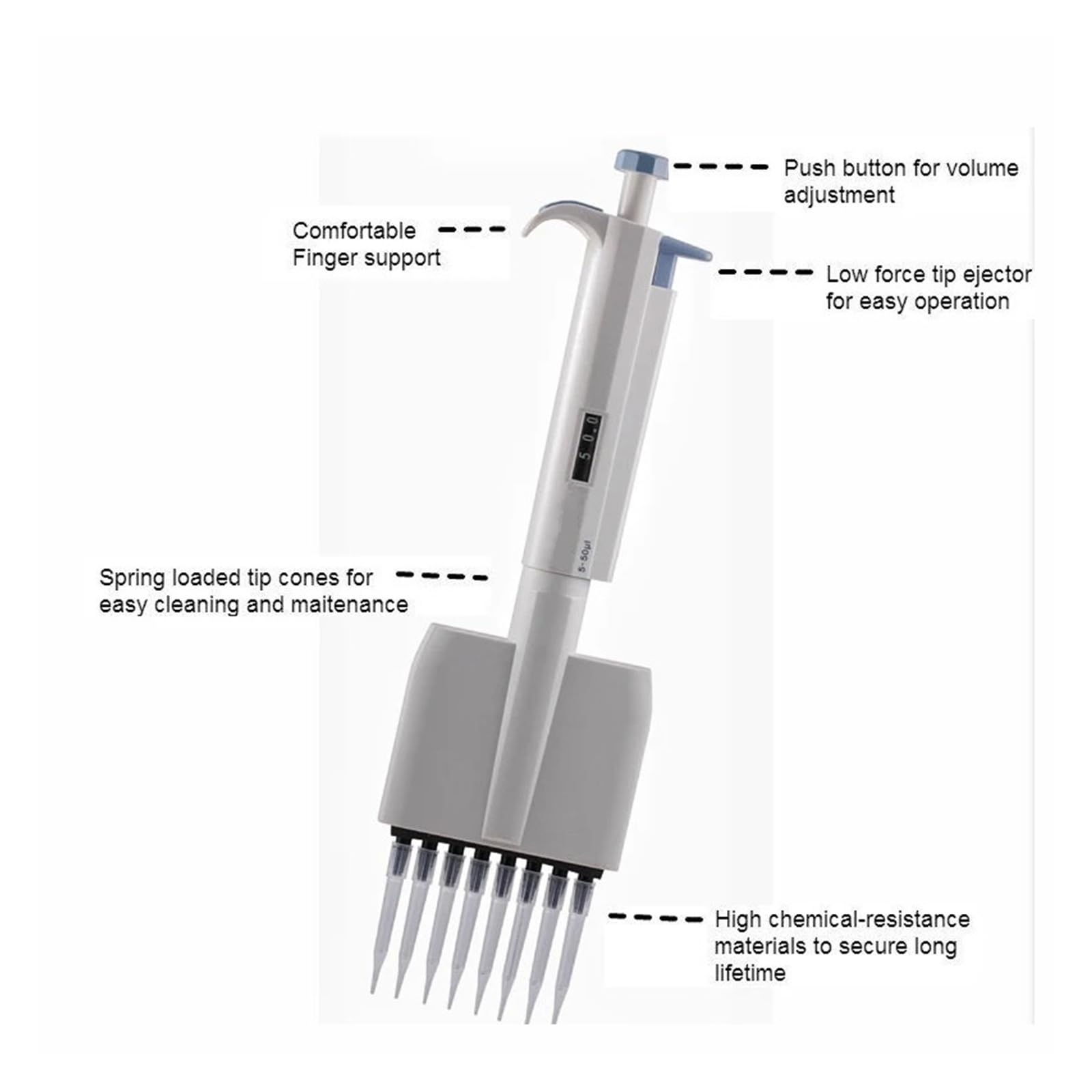 Mehrkanalpipette, einstellbares Volumen, Acht-/Zwölfkanal-Mikropipette, Pipette, 0,5–300 ul Präzise Extraktion(8 channel 5-50 ul)