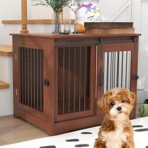 TAOHFE Solid Wood Dog Crate Furniture, Dog Kennel Indoor for Small Dogs with 2 Types Doors, Solid Wood Small Dog Crates Farmhouse Style, Dog Kennel Furniture for Dogs to Play & Rest