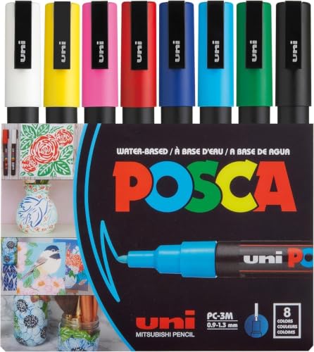 Marqueur Uni-Ball Posca PC3M pointe ogive 0,9 à 1,3 mm couleurs assorties - Etui de 8