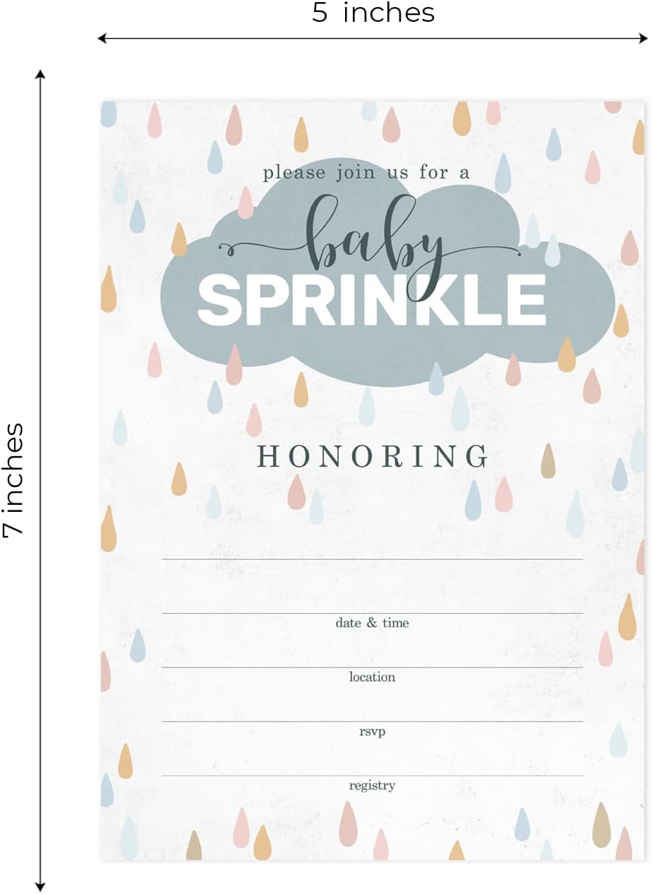 Canopy Street Raindrops Baby Sprinkle Invitations / 25 Fill In Baby Shower Cloud Invites / 5" x 7" Flat Modern Rainbow Baby Shower Party Invitation/Made In The USA